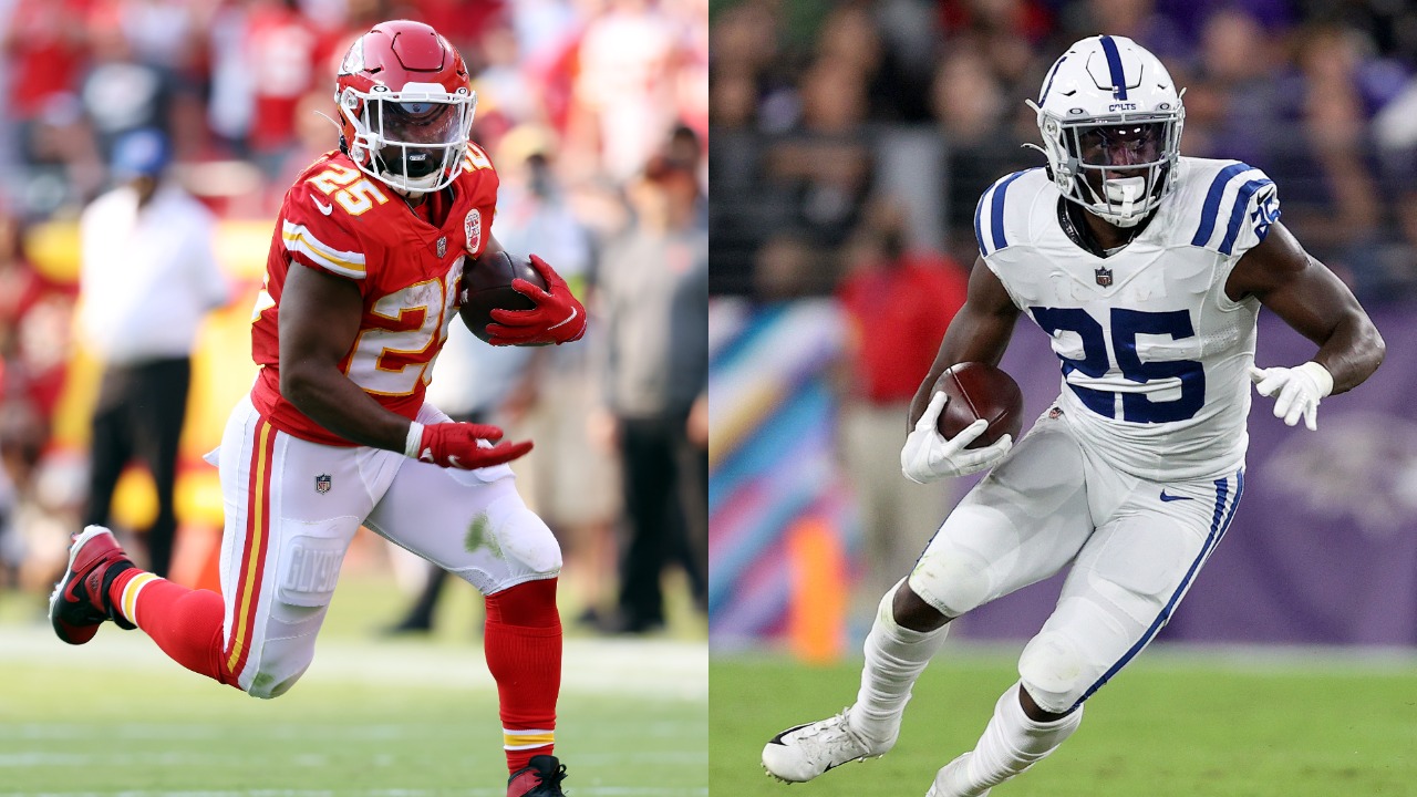 Clyde Edwards-Helaire of Andy Reid's Chiefs runs the ball; Marlon Mack of the Colts in action against the Ravens