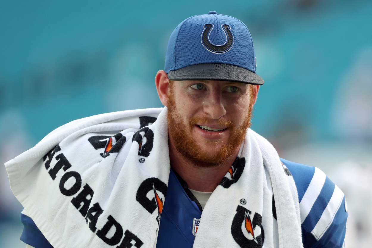 Indianapolis Colts and former Philadelphia Eagles quarterback Carson Wentz after a win over the Dolphins in 2021.