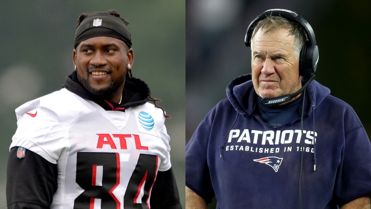 Cordarrelle Patterson in action at Falcons training camp; Bill Belichick walking on the Patriots sideline