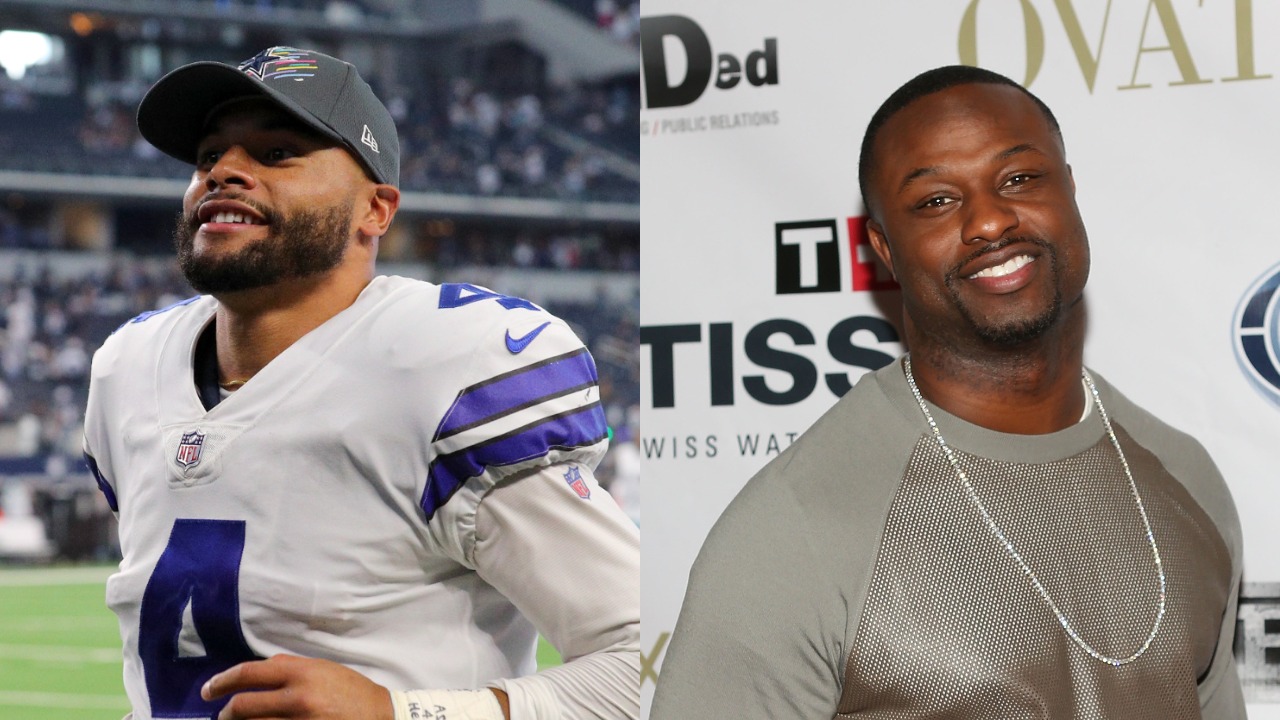 Dallas Cowboys QB Dak Prescott running off the field; ESPN's Bart Scott posing for a photo