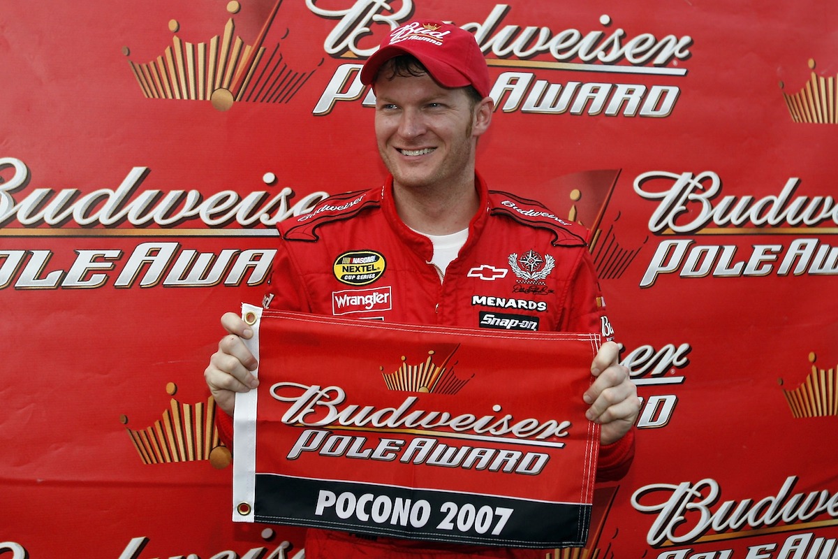 Dale Earnhardt Jr., driver of the #8 Budweiser Chevrolet, holds up the Budweiser pole award following qualifying for the NASCAR Nextel Cup Series Pennsylvania 500 at Pocono Raceway on August 3, 2007, in Long Pond, Pennsylvania