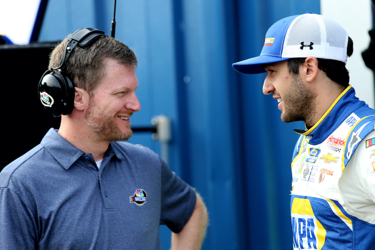 Dale Earnhardt Jr. and Chase Elliott talk during practice