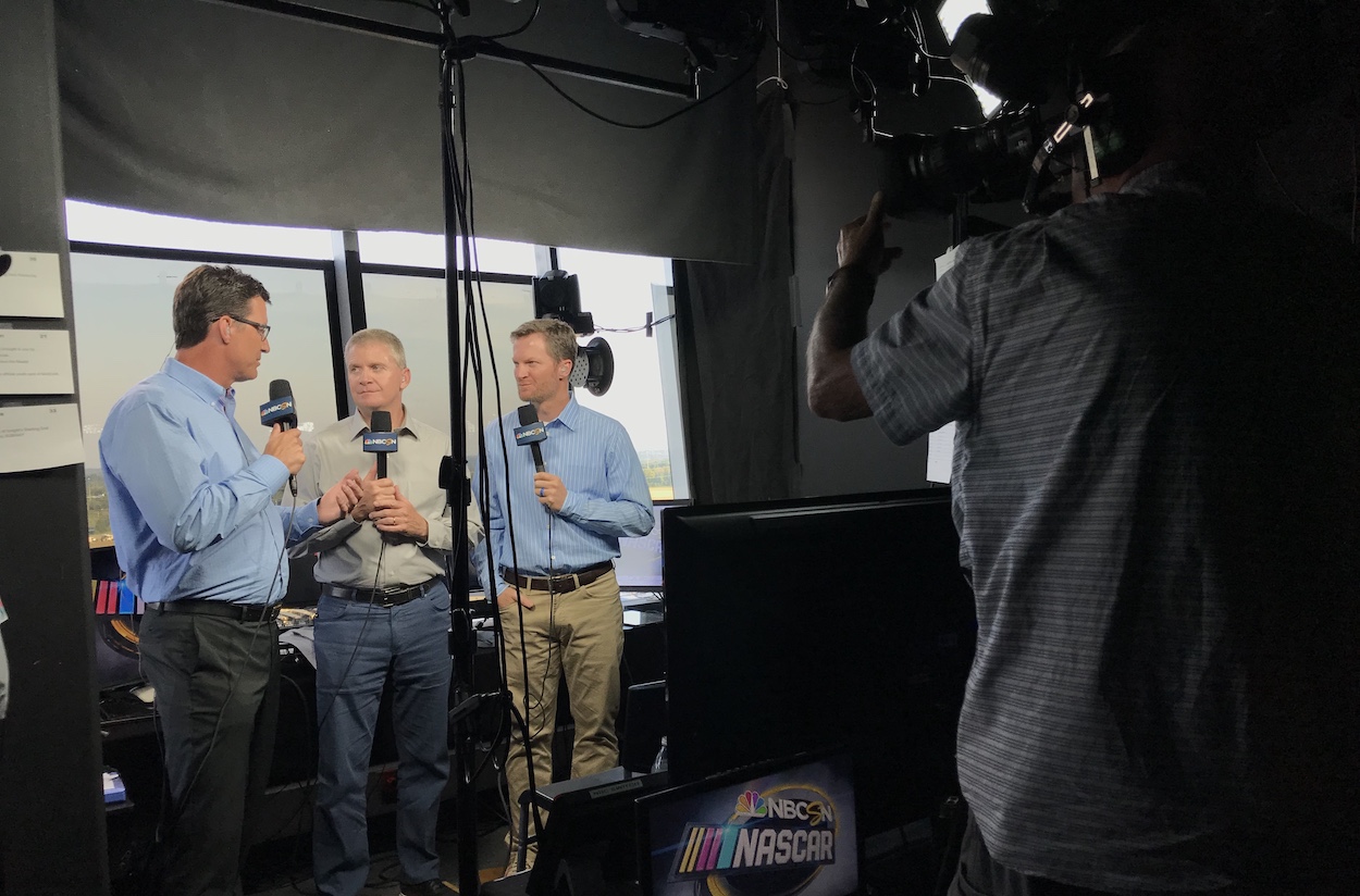 Dale Earnhardt Jr. and Jeff Burton talk during NBC broadcast