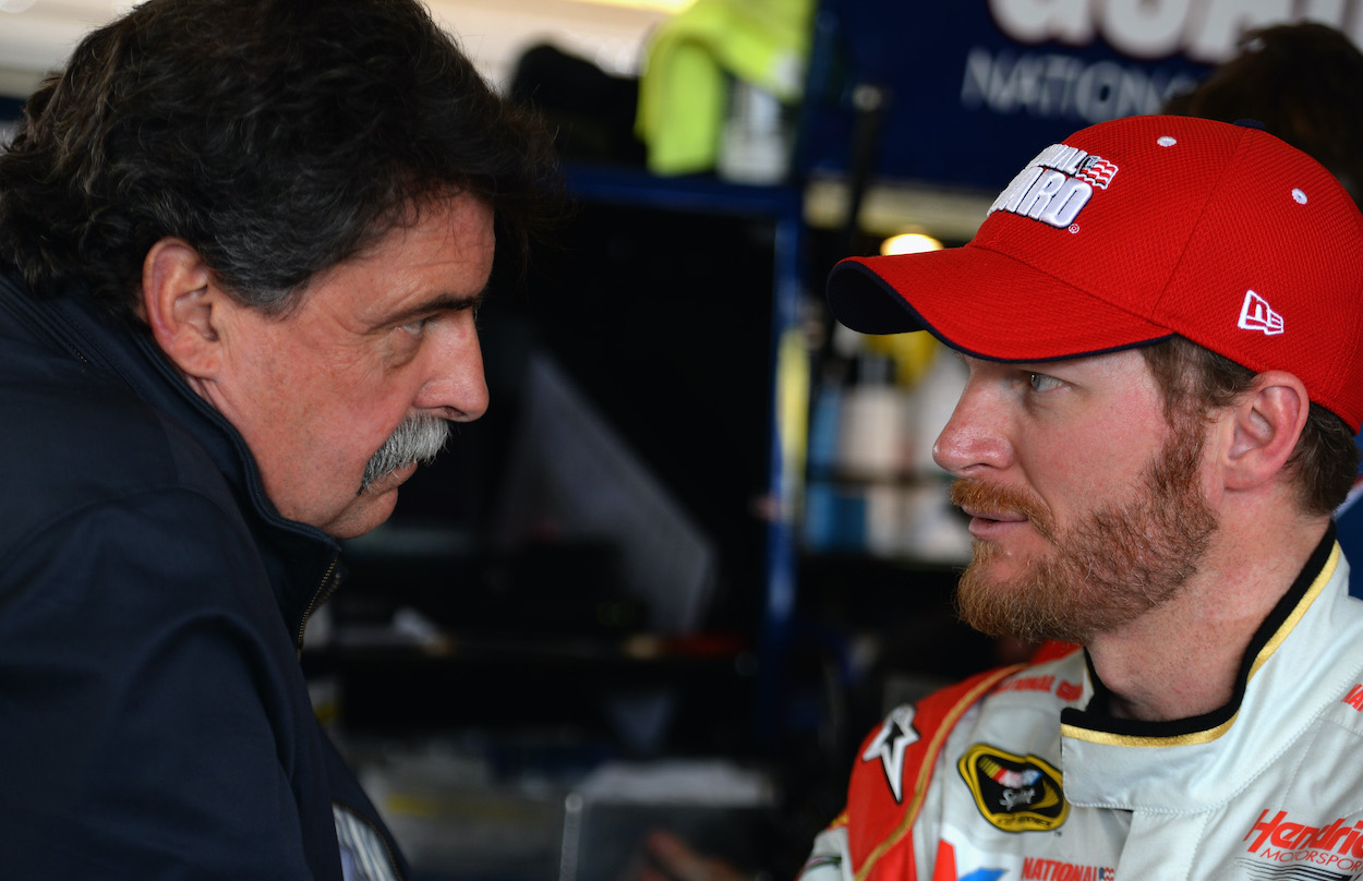 Dale Earnhardt Jr. visits with NASCAR President Mike Helton