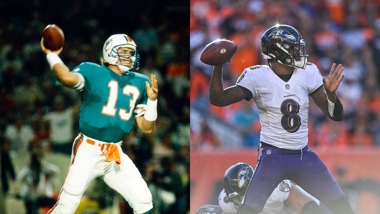 (L-R) Dan Marino, New England Patriots vs Miami Dolphins gameplay in 1986; Lamar Jackson of the Baltimore Ravens passes in the third quarter of a game against the Denver Broncos at Empower Field at Mile High on October 3, 2021 in Denver, Colorado.