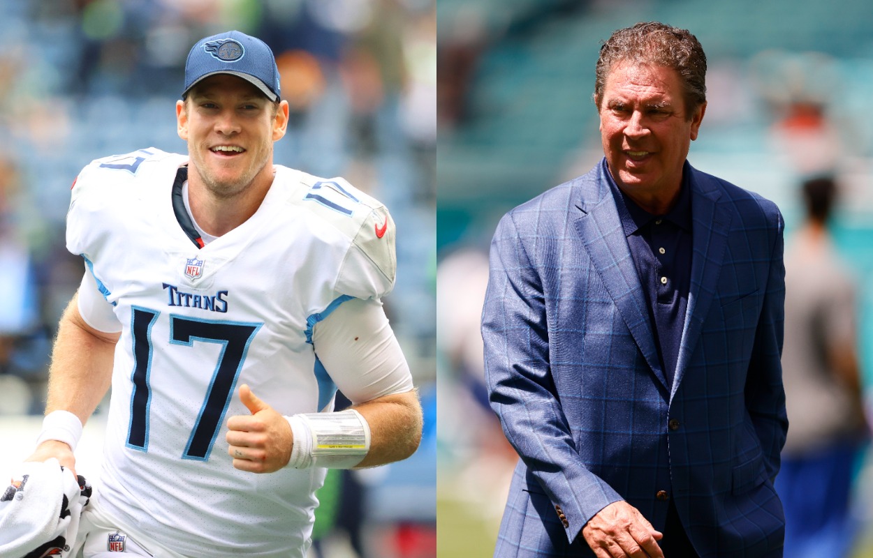 Tennessee Titans quarterback Ryan Tannehill (L) and Miami Dolphins legend Dan Marino in 2021.