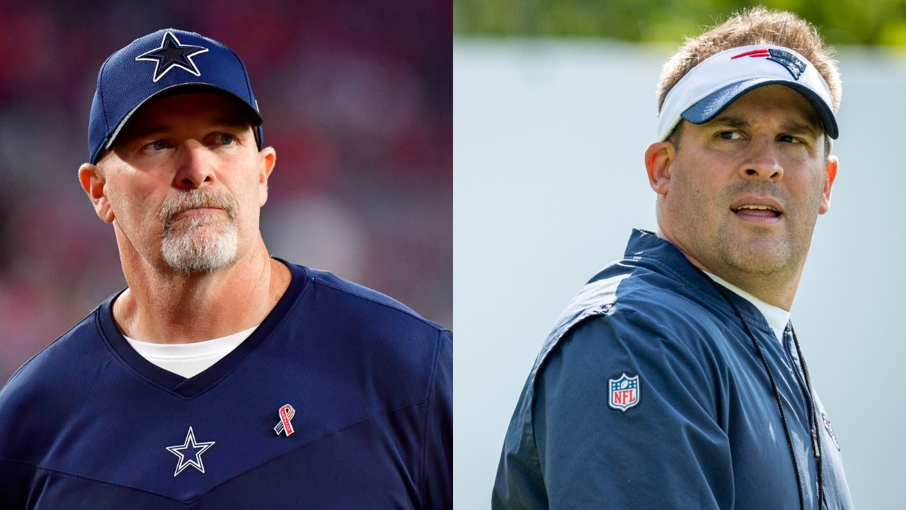Cowboys defensive coordinator Dan Quinn looks on; Patriots offensive coordinator Josh McDaniels looks on during practice
