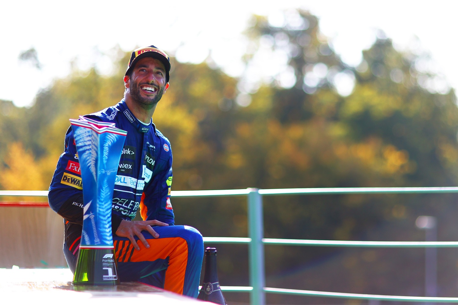 Daniel Ricciardo of McLaren celebrates on the podium after winning the Formula 1 Grand Prix of Italy at Autodromo di Monza on Sept. 12, 2021, in Monza, Italy. | Dan Istitene - Formula 1/Formula 1 via Getty Images