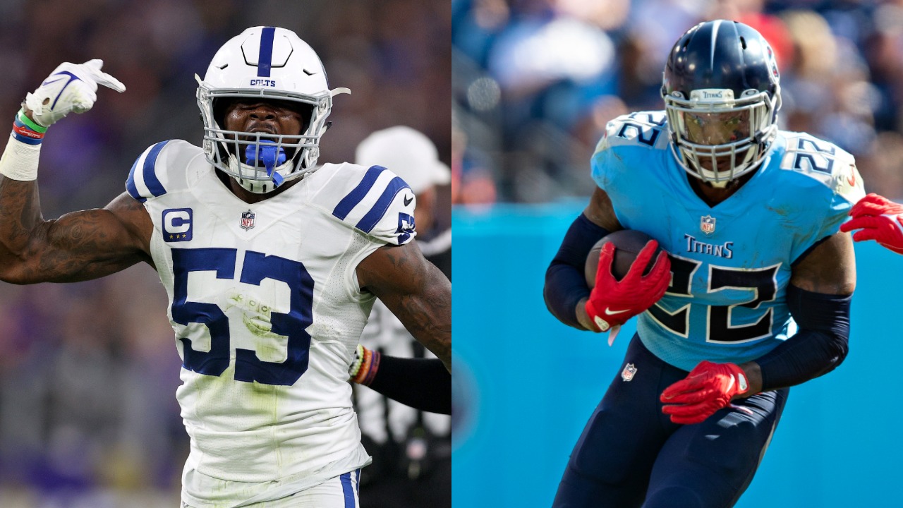 Colts LB Darius Leonard reacts during a game; Titans RB Derrick Henry running against the Chiefs