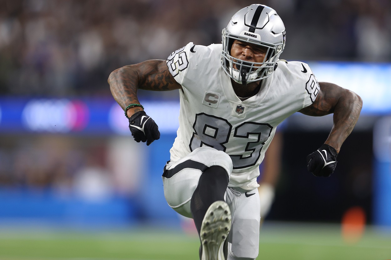 Las Vegas Raiders tight end Darren Waller celebrates a big play