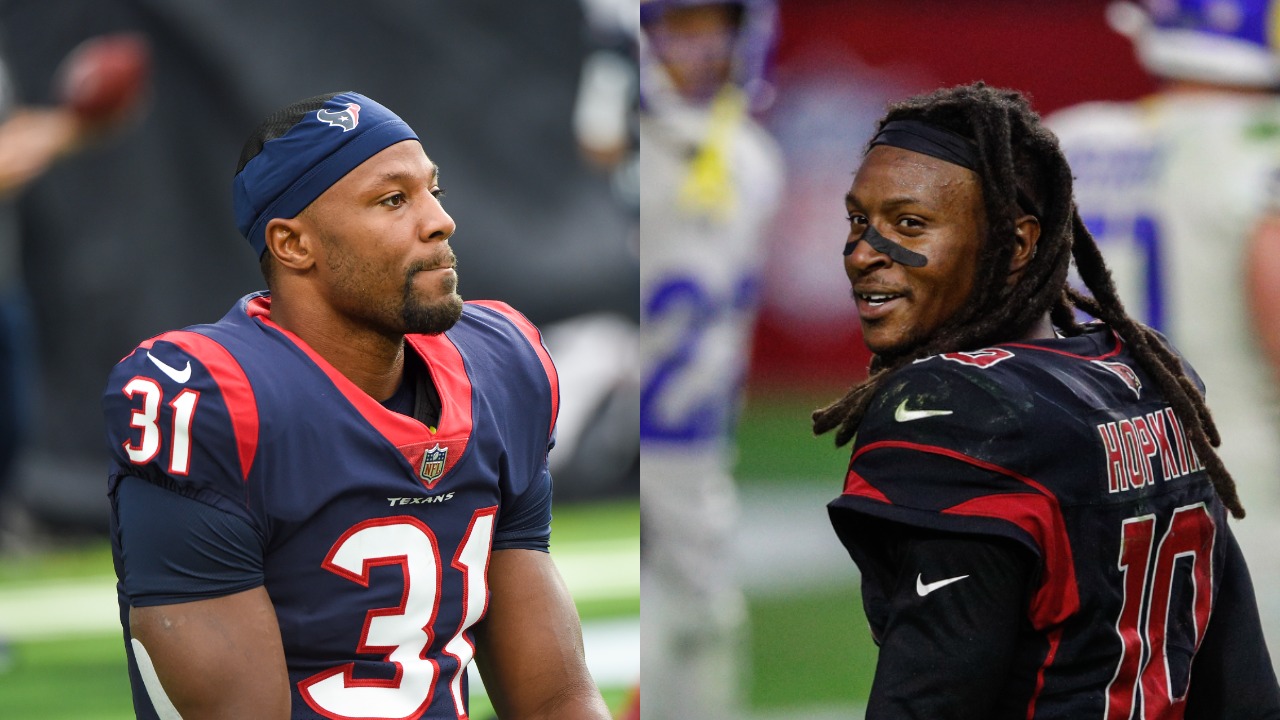 Texans running back David Johnson on the field before a game; DeAndre Hopkins smiles during a game