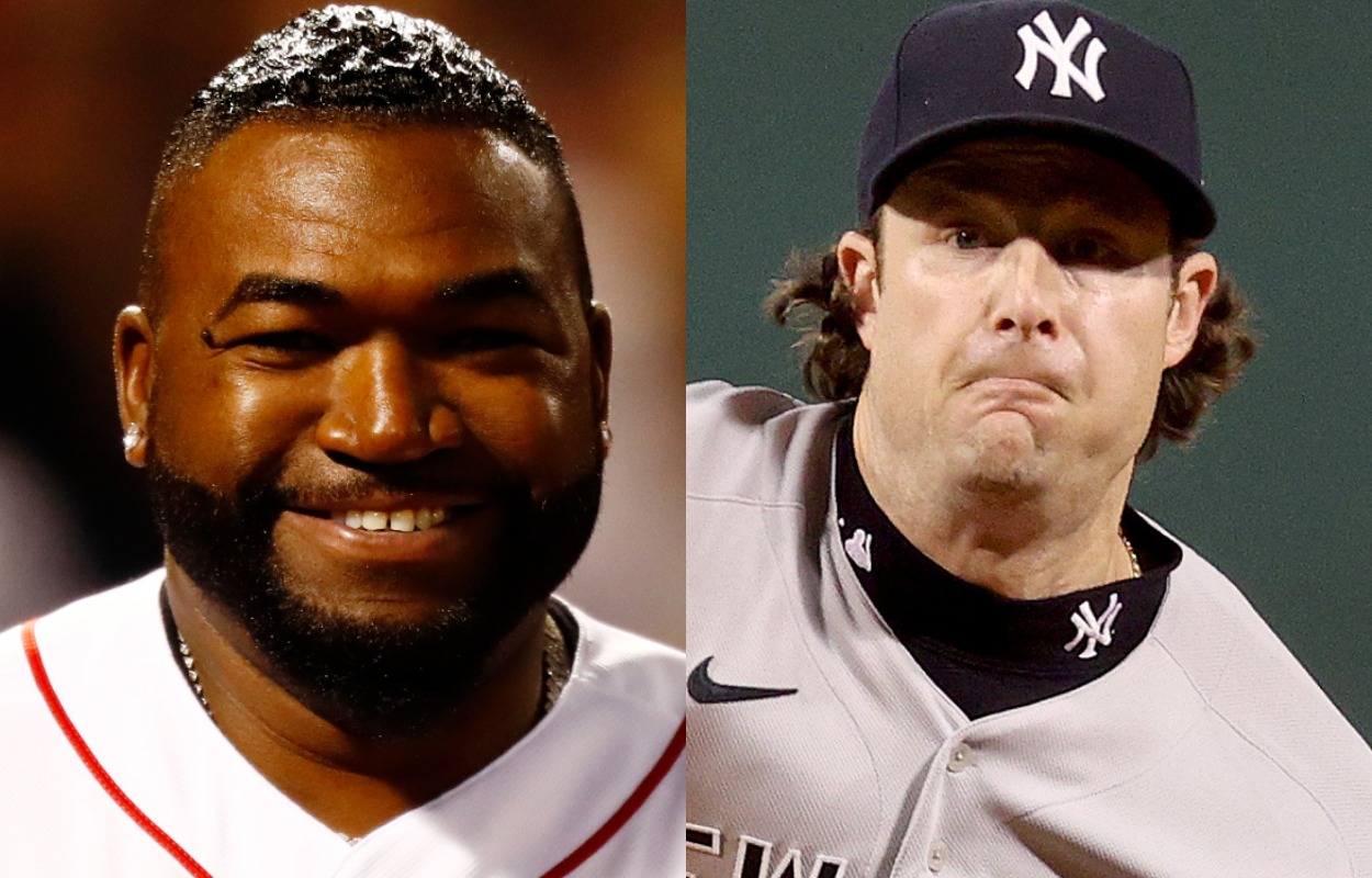 Boston Red Sox legend David Ortiz (L) and New York Yankees pitcher Gerrit Cole in 2021.