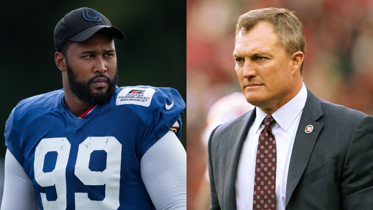 Colts defensive lineman DeForest Buckner looks on at practice; 49ers GM John Lynch on the field before a game
