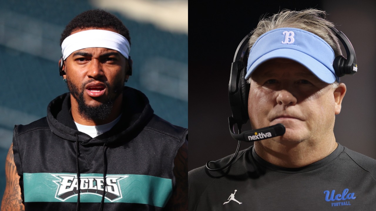 Eagles wide receiver DeSean Jackson on the field; Chip Kelly coaching for UCLA