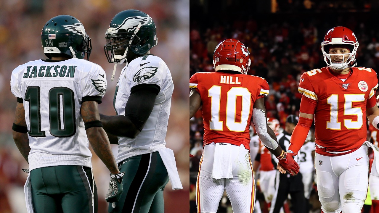 DeSean Jackson and Michael Vick talking on the field | Patrick Mahomes and Tyreek Hill celebrate a touchdown for Andy Reid's Chiefs