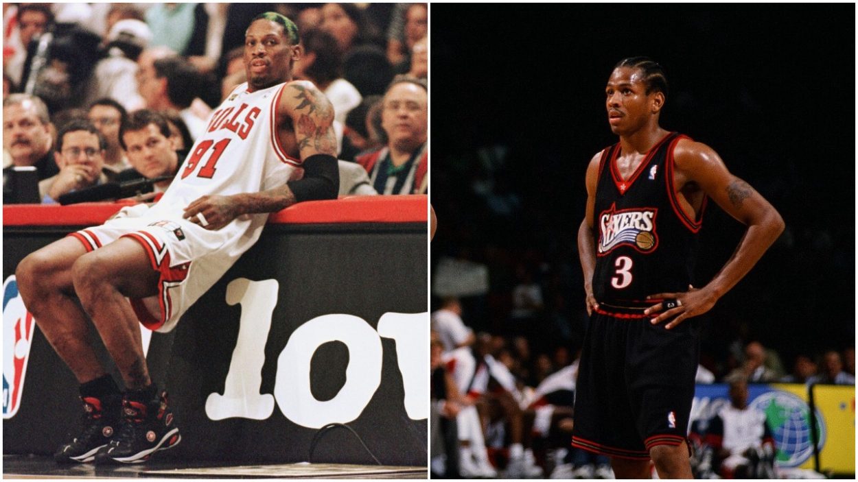 L-R: Former Chicago Bulls forward Dennis Rodman waits to check into a game and Allen Iverson looks on during a Philadelphia 76ers game in 1997