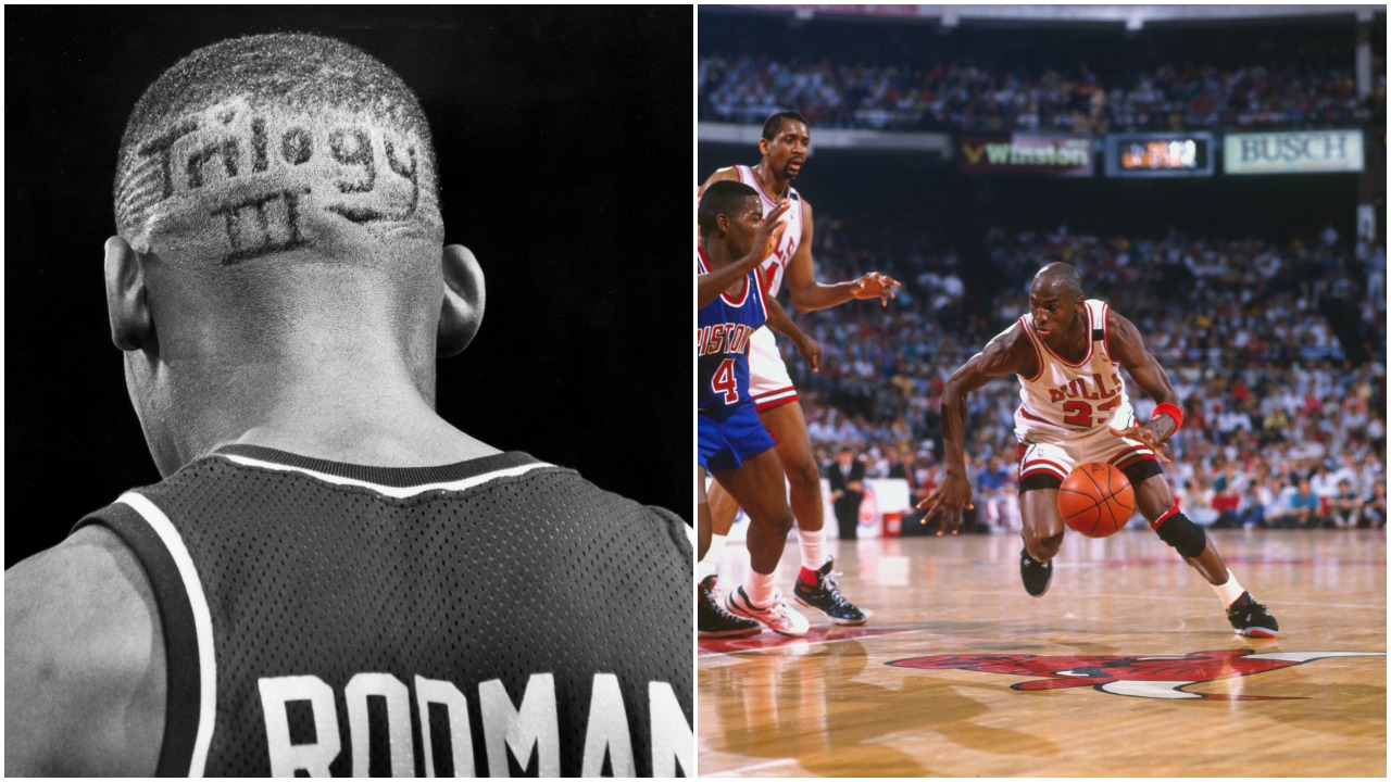 L-R: Detroit Pistons forward Dennis Rodman in 1991 and Bulls legend Michael Jordan driving on former Pistons guard Joe Dumars