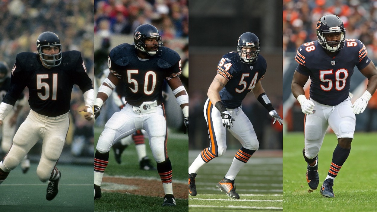 (L-R) Chicago Bears linebackers Dick Butkus, Mike Singletary, Brian Urlacher, and Roquan Smith.