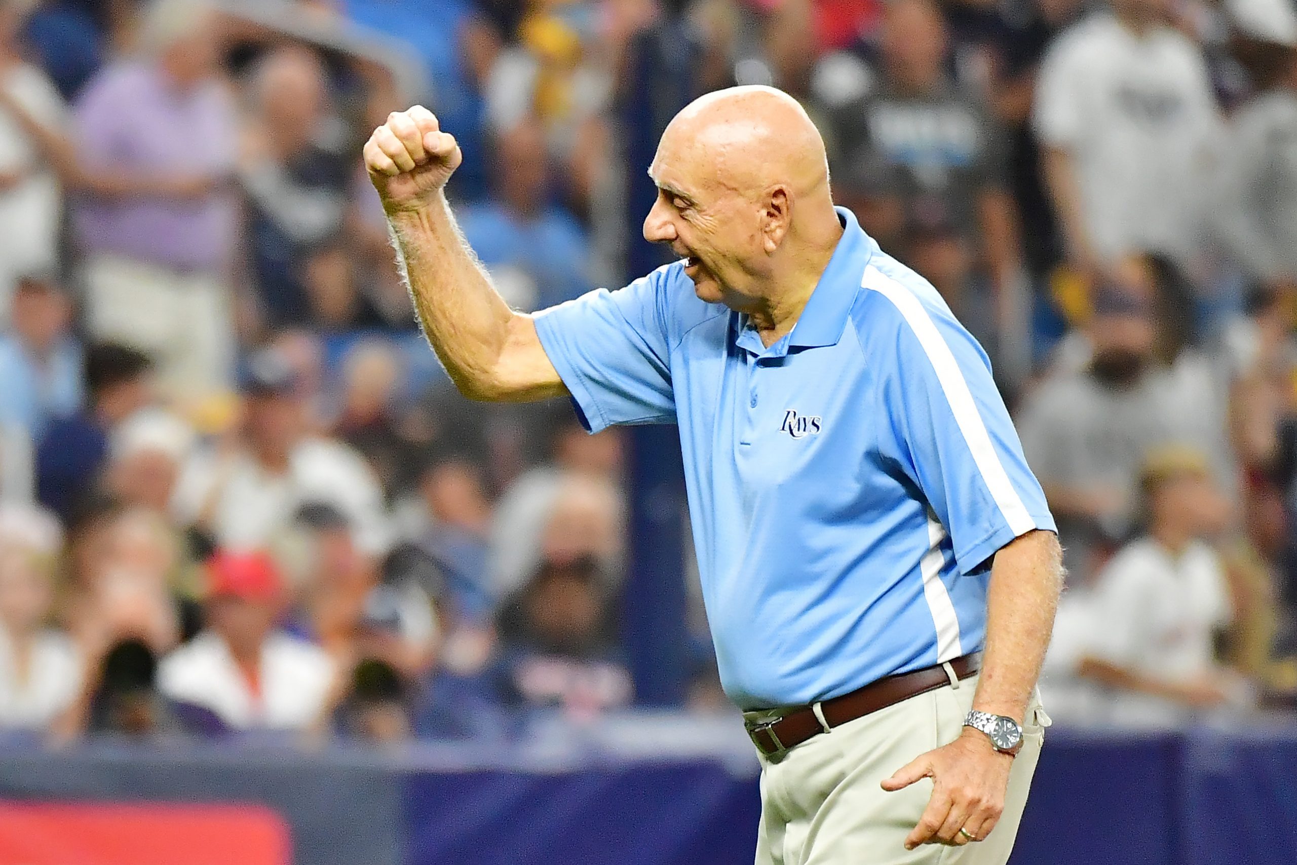 Dick Vitale reacts after throwing the opening pitch prior to Game 1 of the American League Division Series.