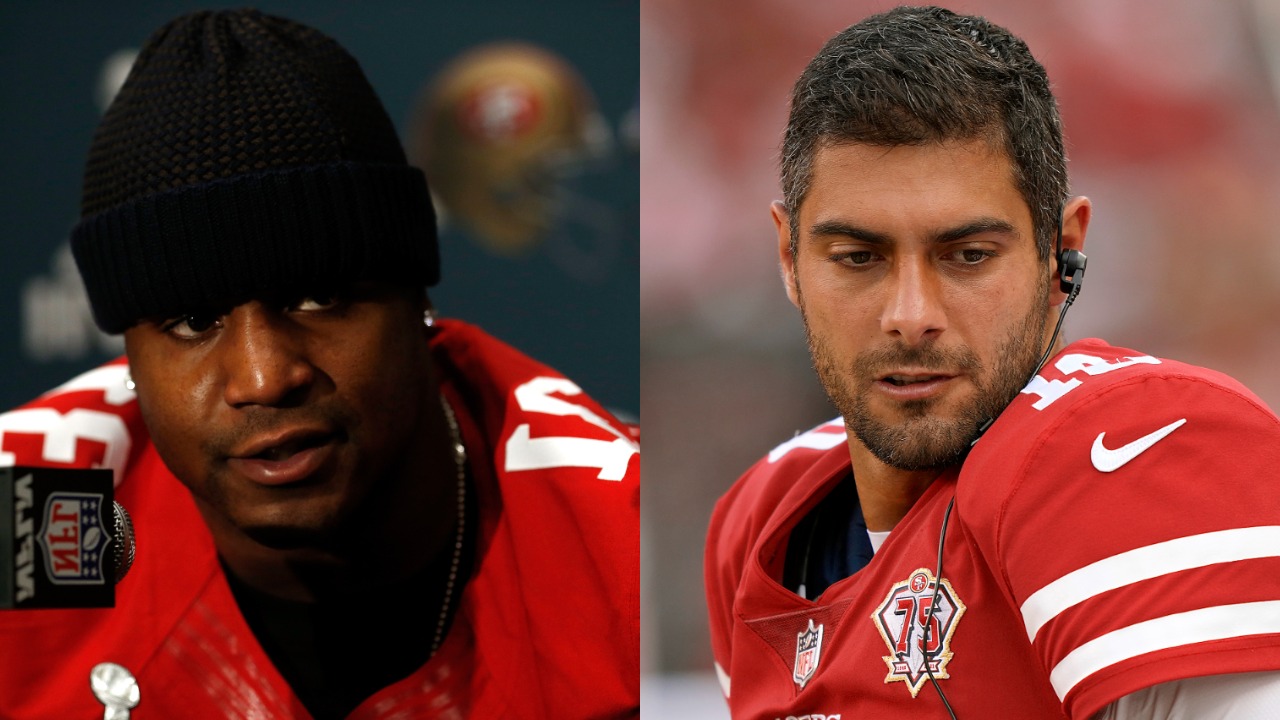 Donte Whitner speaking at a press conference; 49ers QB Jimmy Garoppolo standing on the sideline