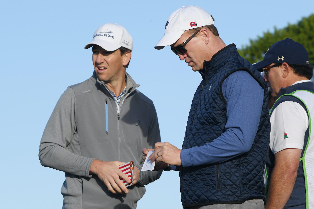 Why is the Eli and Peyton Manning Monday Night Football broadcast not on in Week 4? Former NFL players Peyton Manning and Eli Manning are pictured here on the 11th tee during the second round of the AT&T Pebble Beach Pro-Am at Monterey Peninsula Country Club on February 07, 2020.