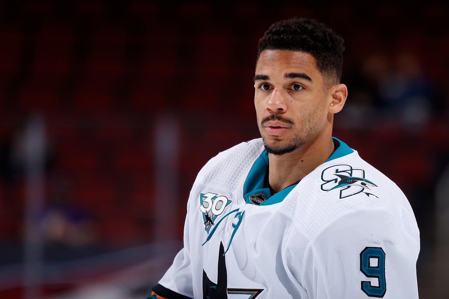 Evander Kane of the San Jose Sharks warms up during the NHL game against the Arizona Coyotes at Gila River Arena on March 27, 2021, in Glendale, Arizona.