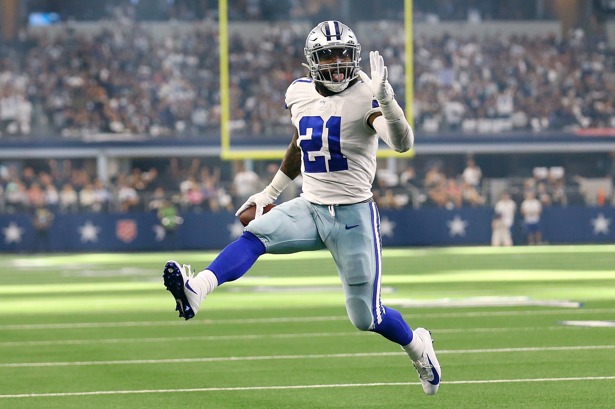 Running back Ezekiel Elliott of the Dallas Cowboys celebrates a touchdown