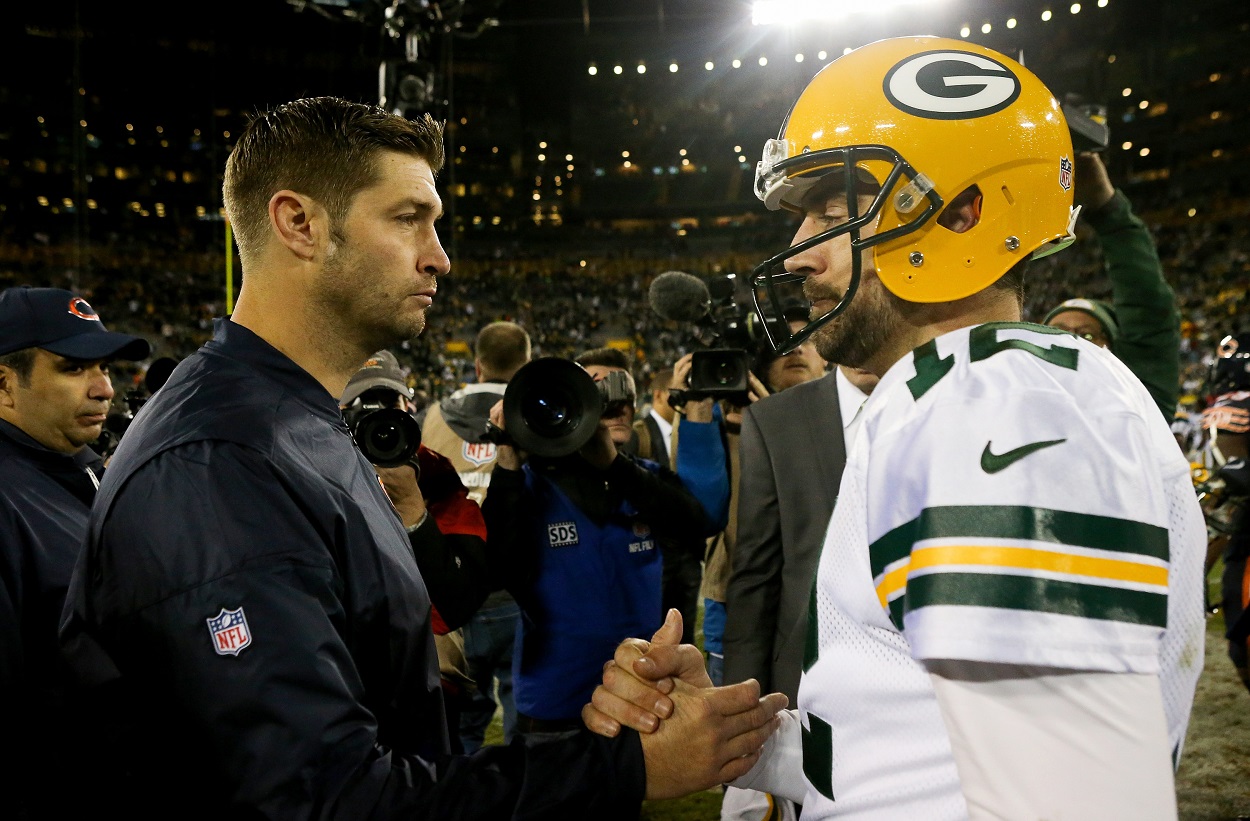 Jay Cutler and Aaron Rodgers meet after a matchup between the Chicago Bears and Green Bay Packers