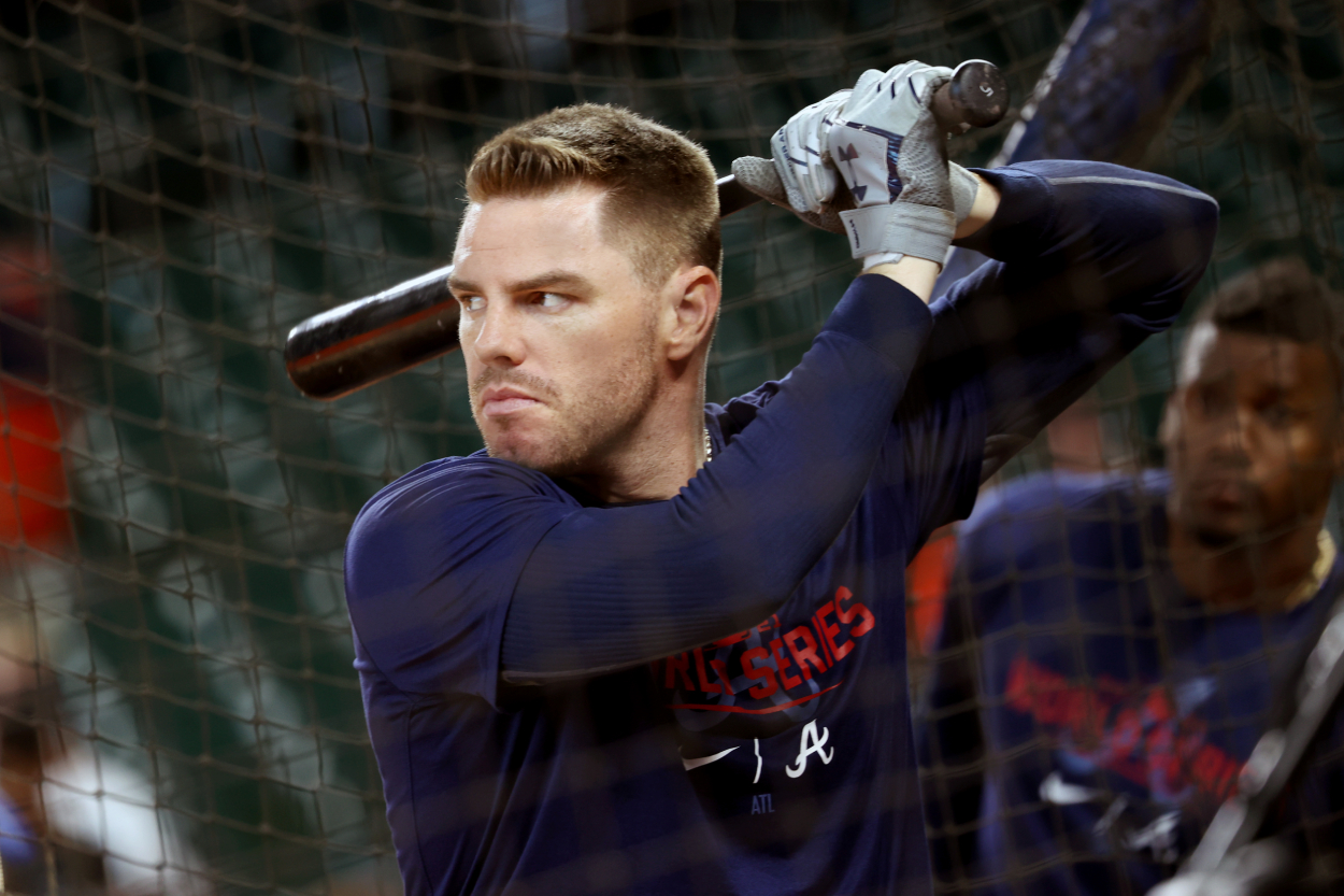 Freddie Freeman of the Atlanta Braves takes batting practice.