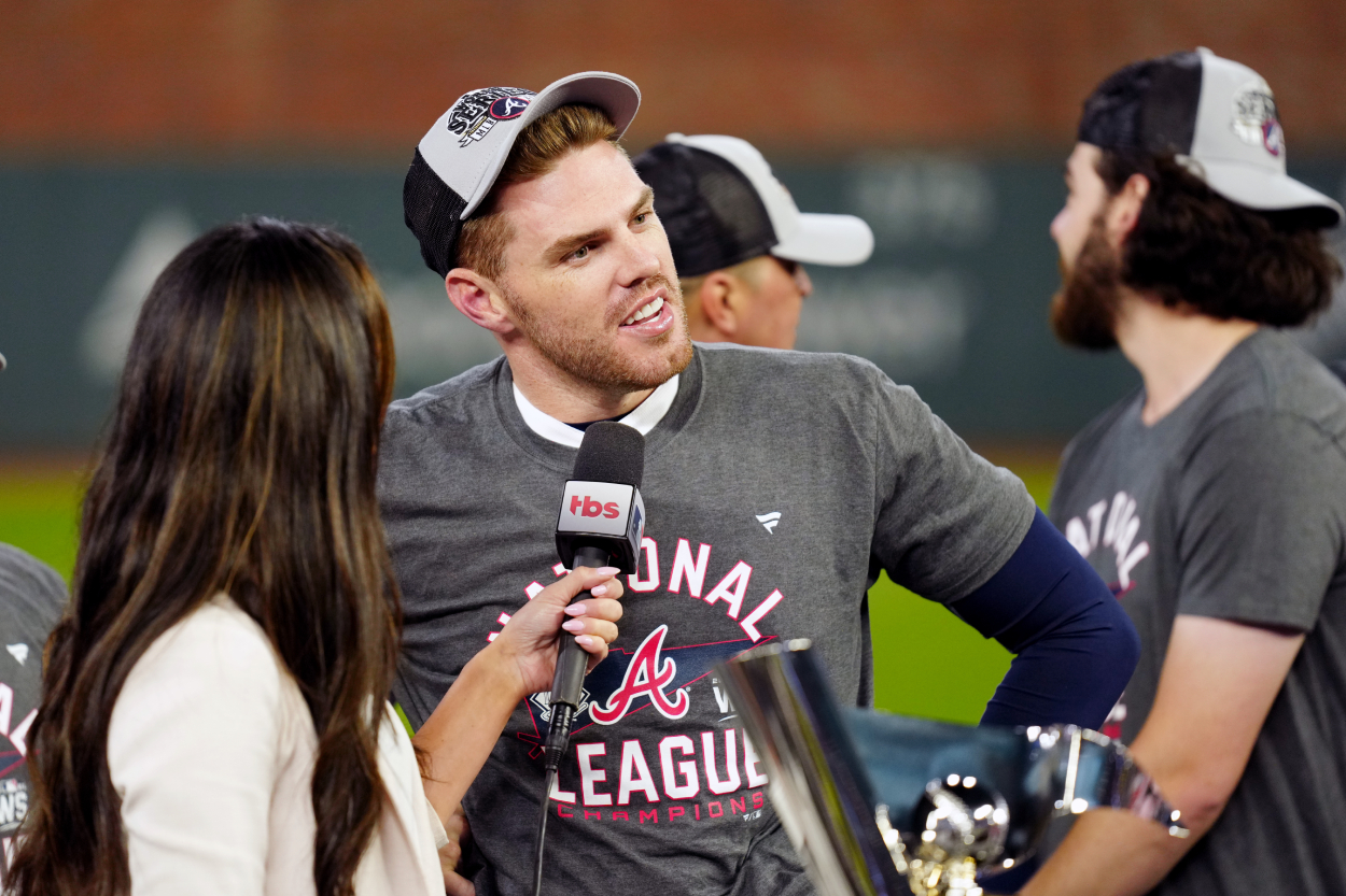 Freddie Freeman of the Atlanta Braves talks to the media.