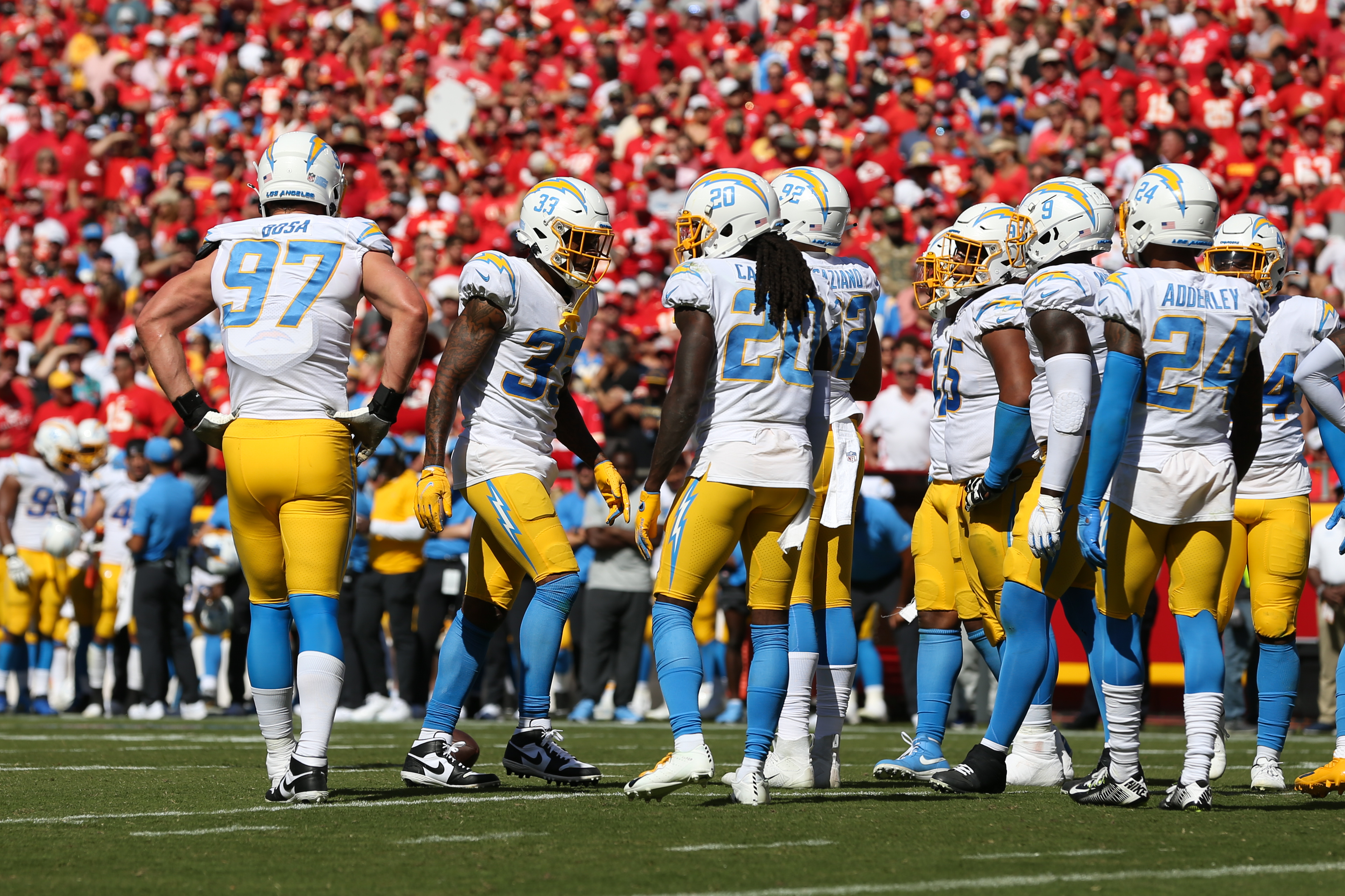 The Chargers defense against the Chiefs in September 2021.