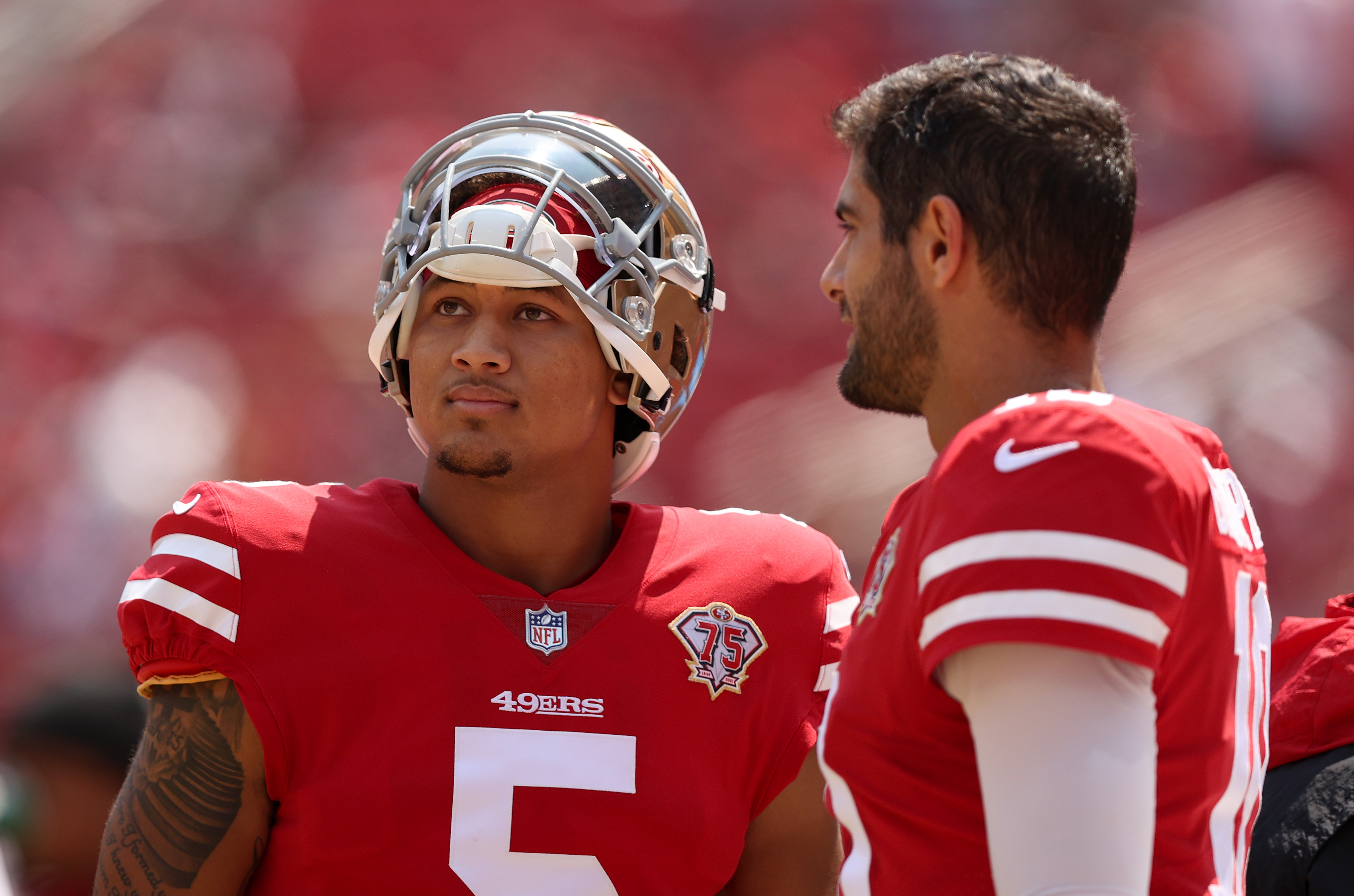 San Francisco 49ers Qbs Trey Lance and Jimmy Garoppolo.