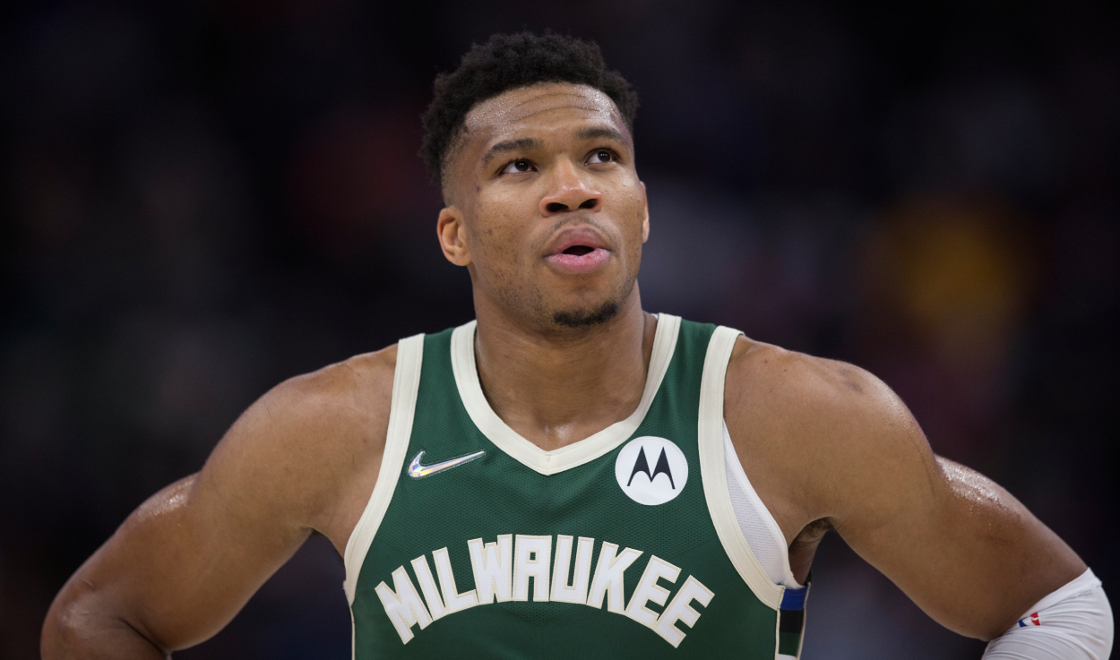 Giannis Antetokounmpo of the Milwaukee Bucks takes a breath during the second half of their game against the Utah Jazz.