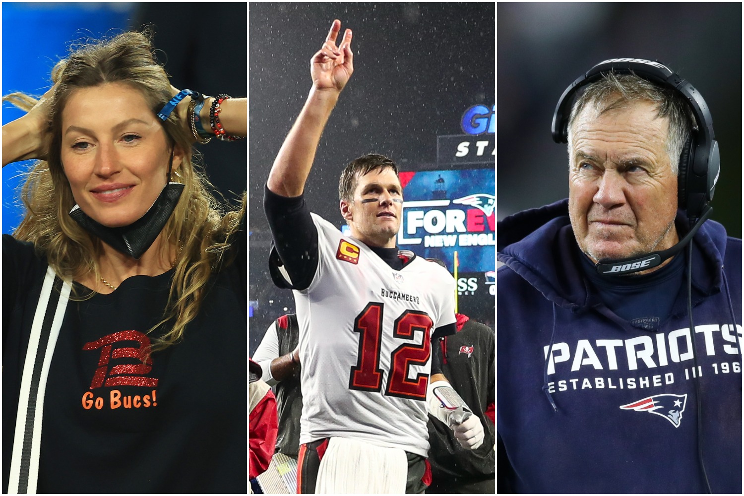 Gisele Bundchen celebrates the Buccaneers winning a Super Bowl as Tom Brady waves to New England Patriots fans and Bill Belichick looks on during a game.