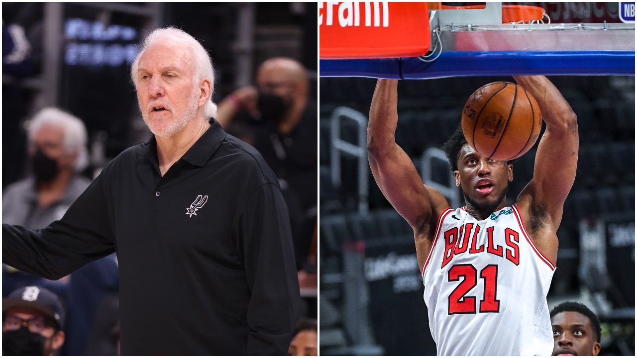 L-R: Spurs head coach Gregg Popovich reacts during a preseason game; Thaddeus Young dunks the ball