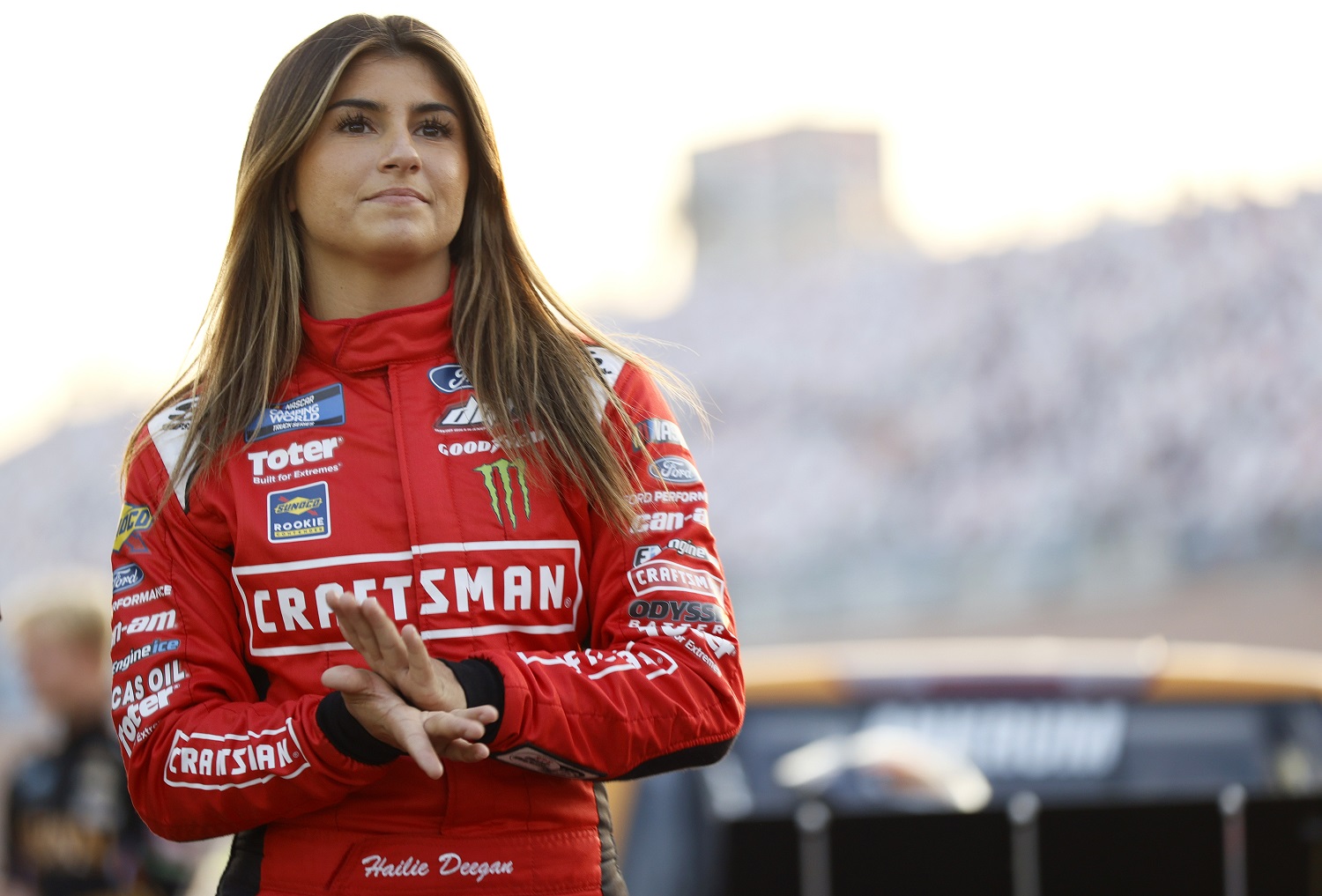 Hailie Deegan, driver of the No. 1 Ford, waits on the grid prior to the NASCAR Camping World Truck Series Victoria's Voice Foundation 200 at Las Vegas Motor Speedway on Sept. 24, 2021.