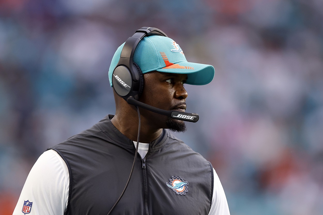 Brian Flores, head coach of the Miami Dolphins, watches a game against the Buffalo Bills 