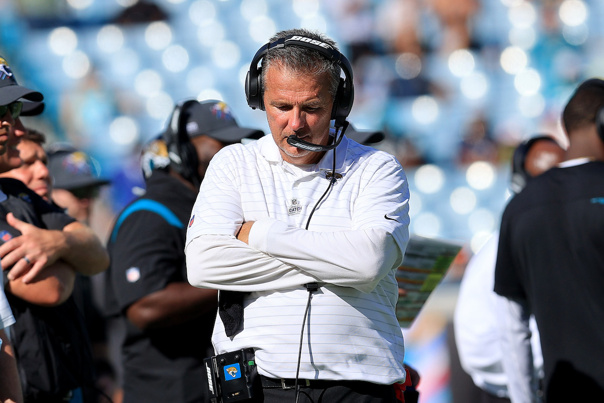 Head coach Urban Meyer of the Jacksonville Jaguars looks down at the sideline during a game