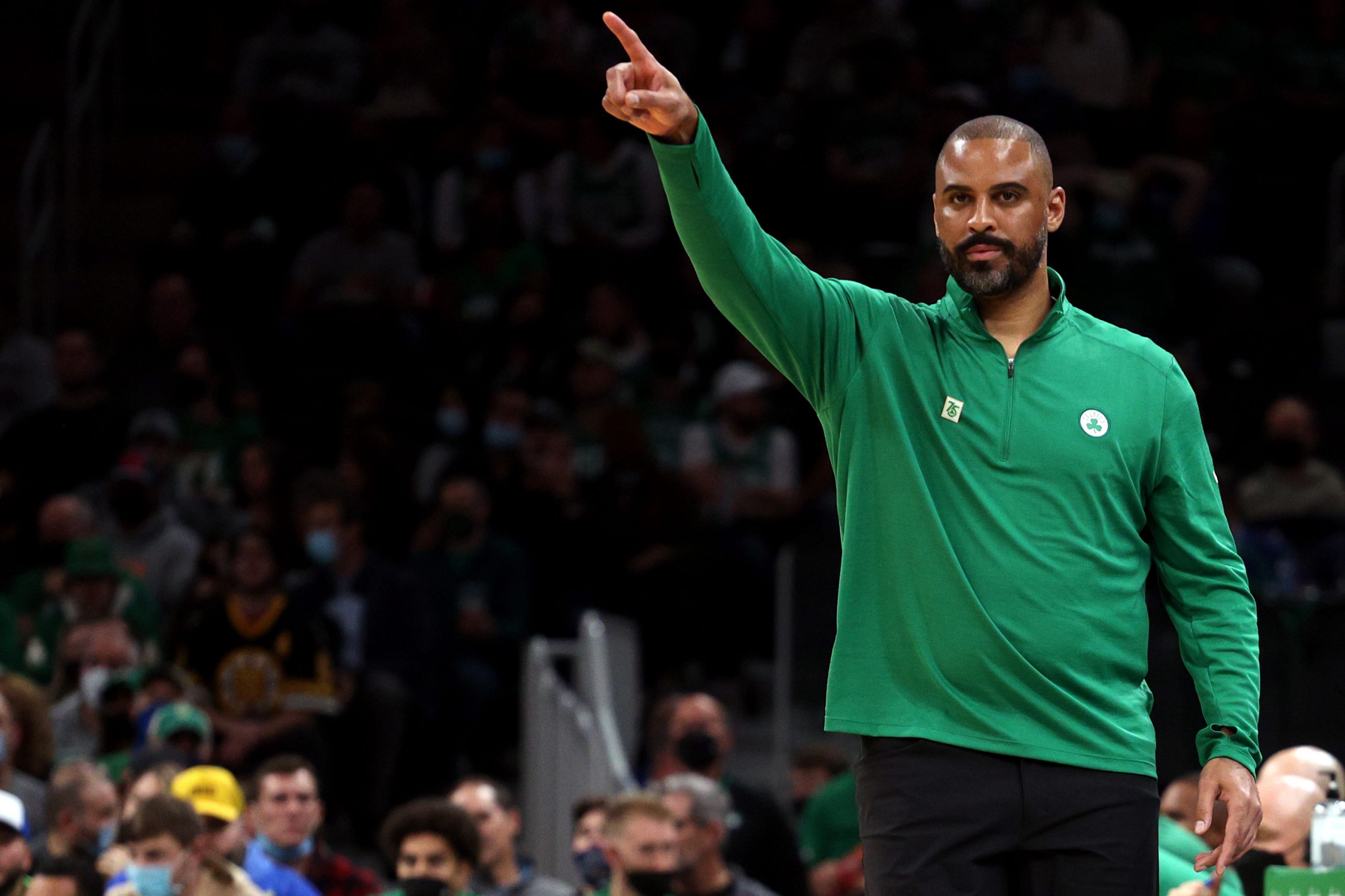 Boston Celtics head coach Ime Udoka directs his team during the Celtics home opener against the Toronto Raptors.