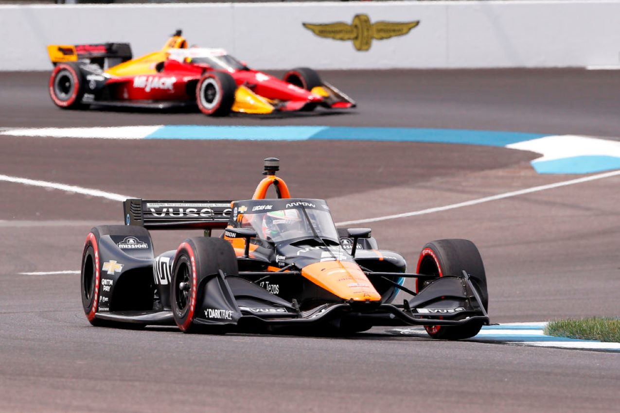 ndyCar driver Pato O'Ward, front, races during the Big Machine Spiked Coolers Grand Prix on Aug. 14, 2021, at the Indianapolis Motor Speedway Road Course