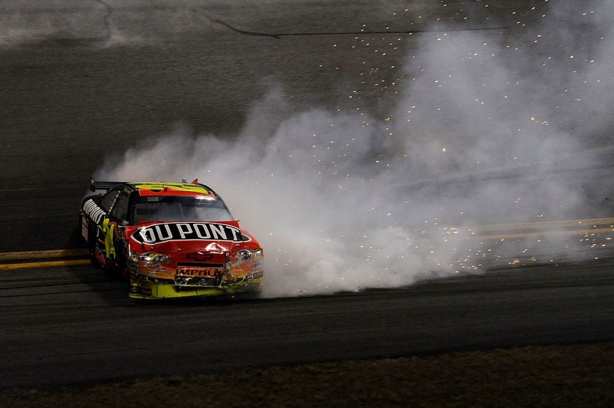 NASCAR Sprint Cup driver Jeff Gordon (24) spins out during the Daytona 500 on February 14, 2010.