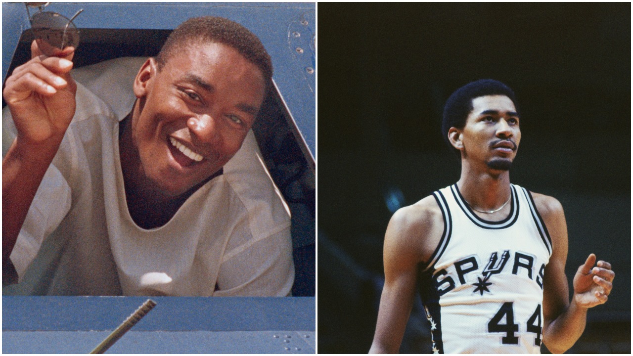 L-R: Former Pistons star Isiah Thomas and a portrait of former Spurs great George Gervin