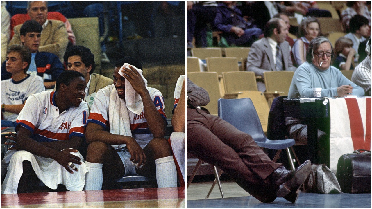L-R: Isiah Thomas celebrates a Pistons win in the 1987 NBA Playoffs; Celtics announcer Johnny Most dons the headset