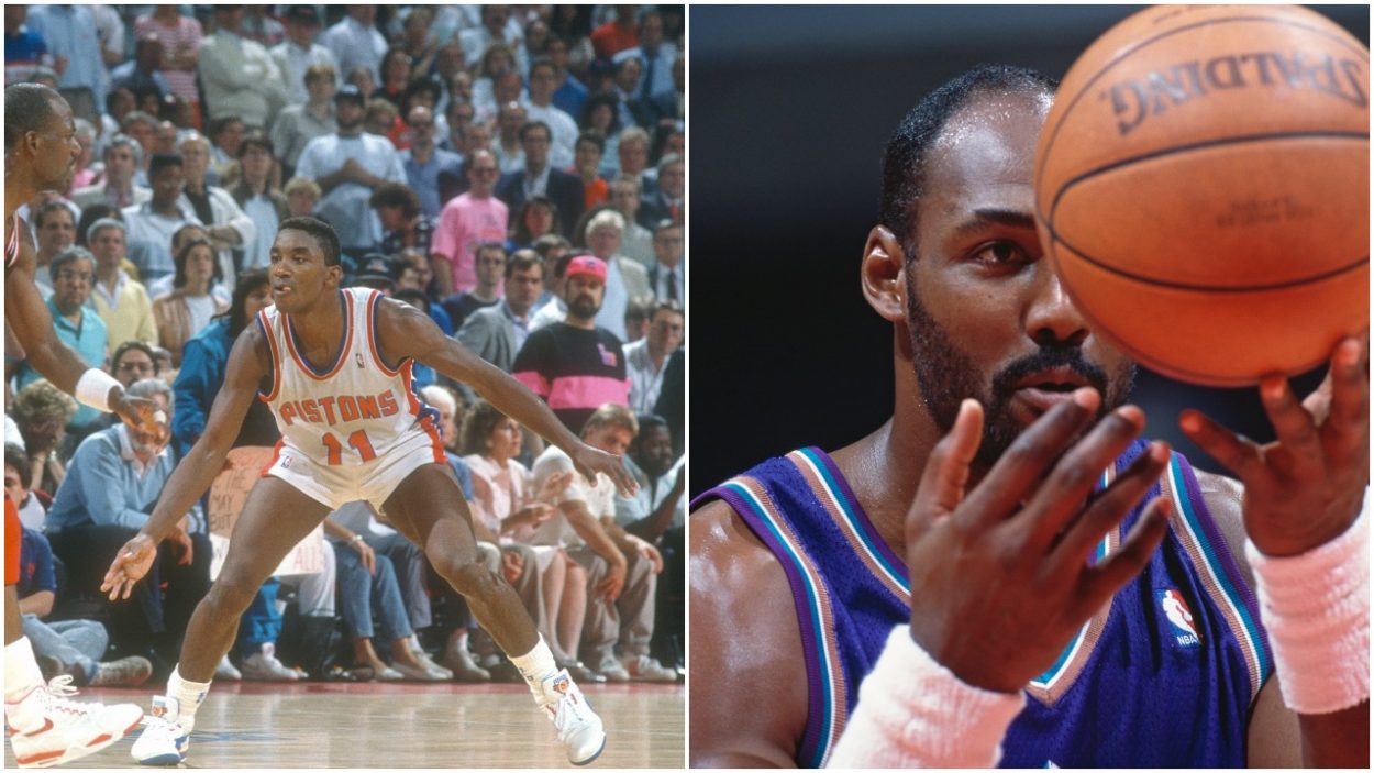 L-R: Pistons great Isiah Thomas plays defense during the 1990 NBA Finals and Jazz legend Karl Malone shooting a free throw during a game in 1999