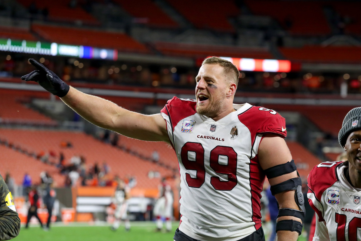 Defensive end J.J. Watt, #99 of the Arizona Cardinals, celebrates as he leaves the field following the game between the Cardinals and Cleveland Browns on October 17, 2021, at FirstEnergy Stadium in Cleveland