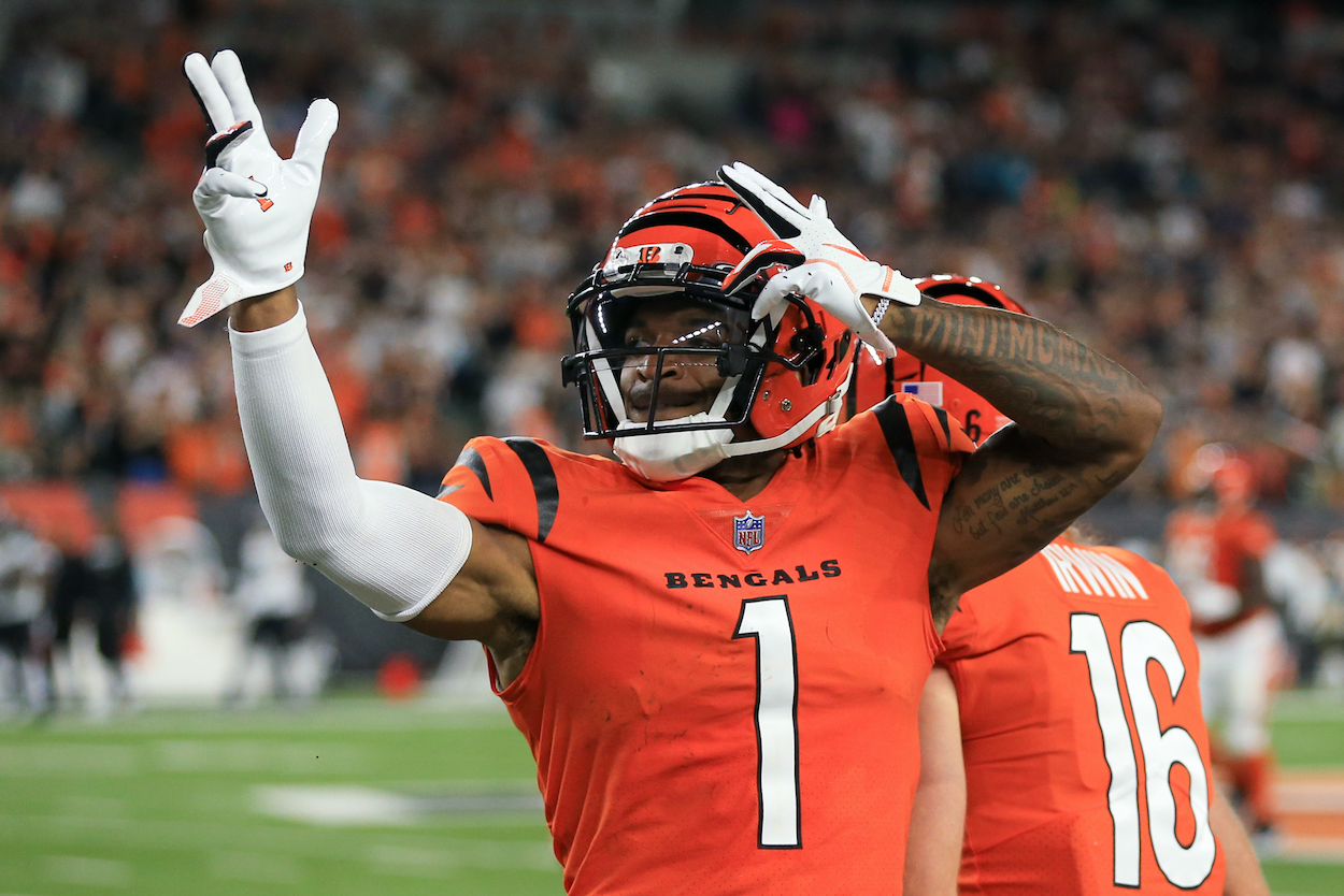 Cincinnati Bengals wide receiver Ja'Marr Chase reacts after getting a first down during the game against the Jacksonville Jaguars and the Cincinnati Bengals on September 30, 2021, at Paul Brown Stadium in Cincinnati, OH.