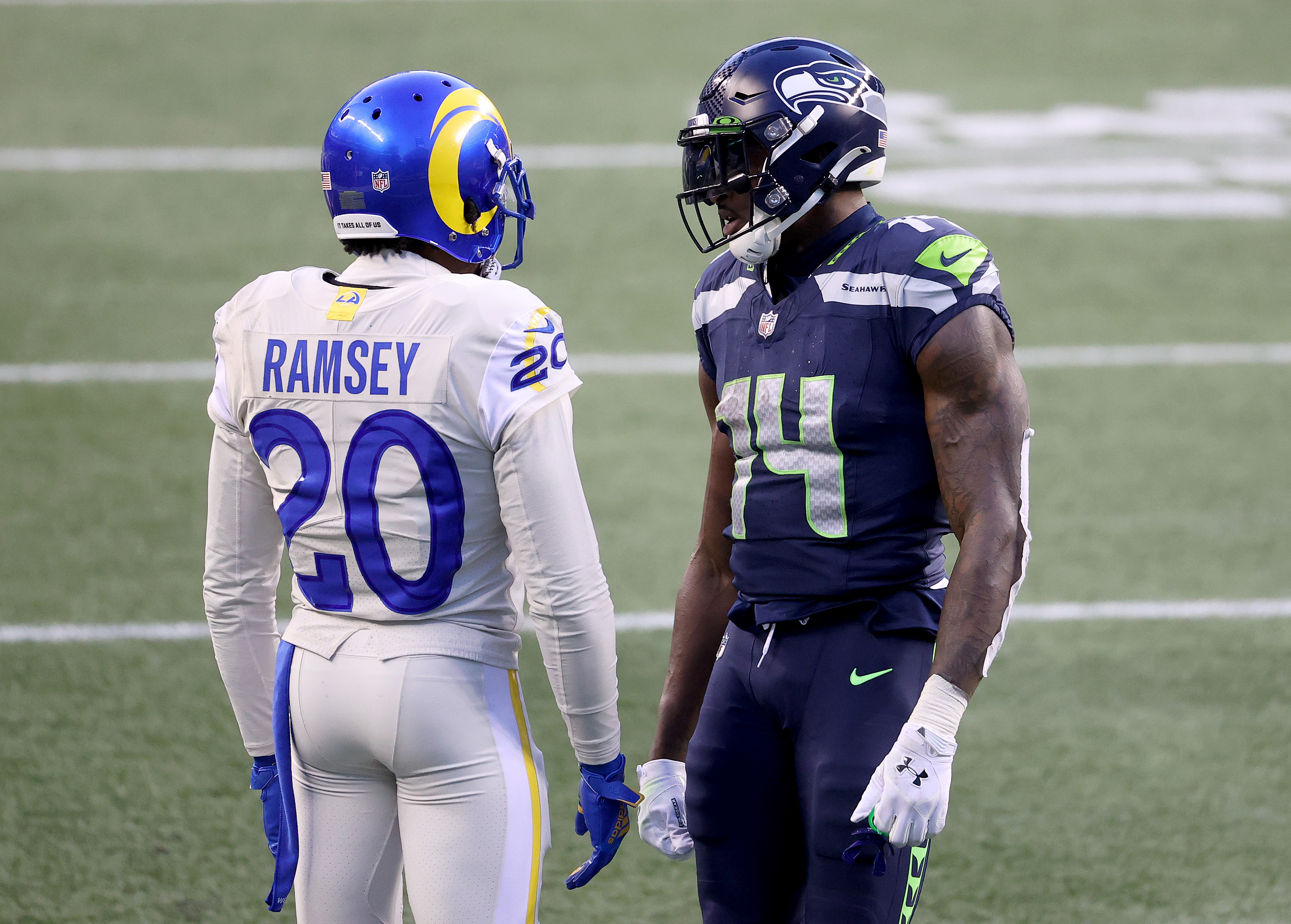 Rams cornerback Jalen Ramsey talking to Seahawks wide receiver D.K. Metcalf