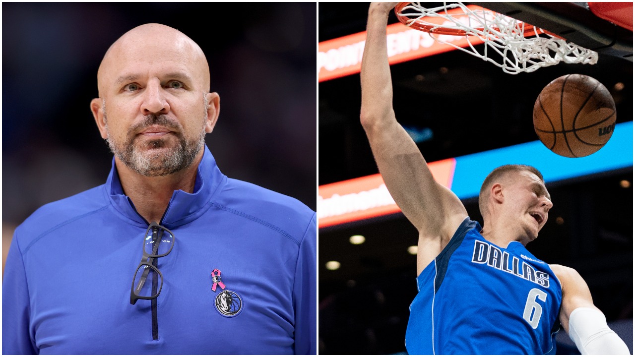 L-R: Dallas Mavericks head coach Jason Kidd and Mavs big man Kristaps Porzingis
