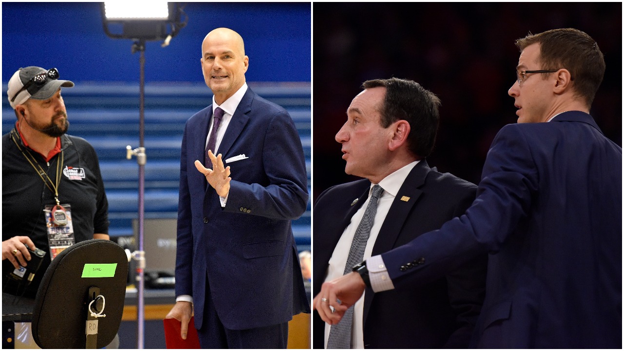 L-R: ESPN college basketball analyst prepares for a Duke basketball game against North Carolina; Duke coaches Mike Krzyzewski and Jon Scheyer holler out instructions during a game in 2018