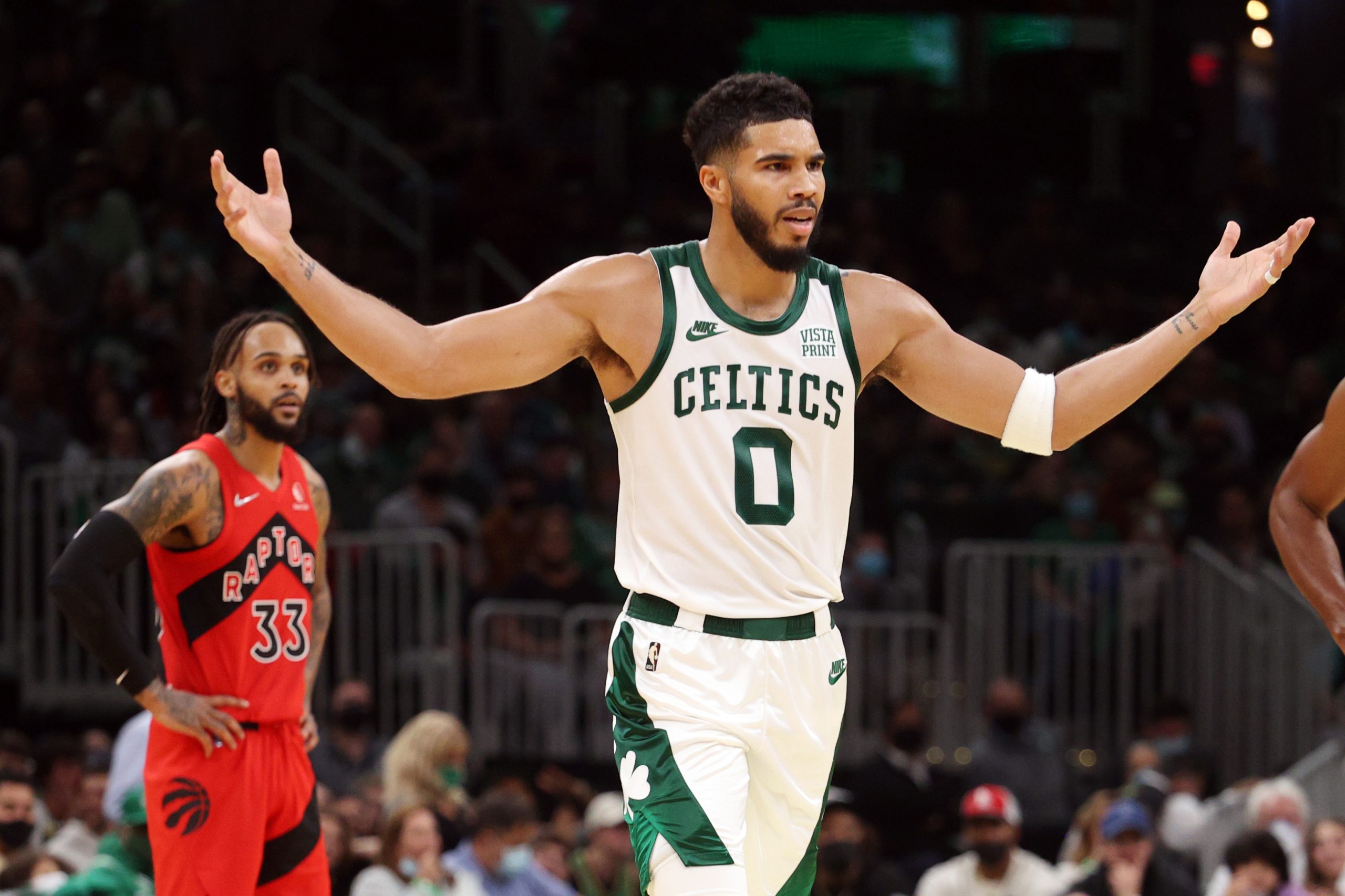 Jayson Tatum #0 of the Boston Celtics reacts after a foul is called against him.